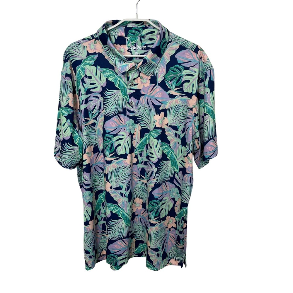 Chubbies Polo Shirt Mens XXL Blue Green Tropical Floral Palm Leaf Performance